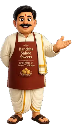 Banchha Sahoo Sweets mascot inviting you to visit the shop